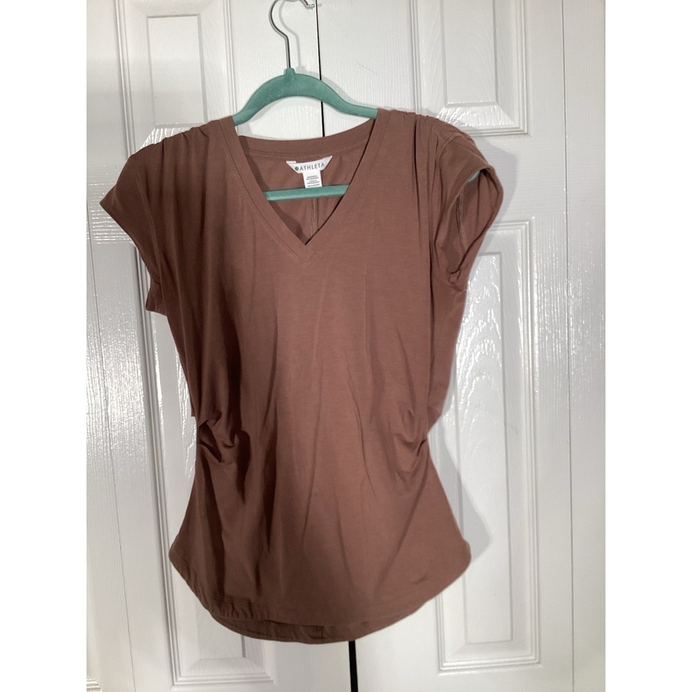 ATHLETA Brown V Neck Small Shirt With Scrunch Waist Short Sleeve